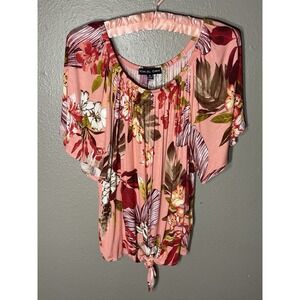 Kim & Cami Women Flutter Sleeve Knot Tie Vibrant Shades Pink Rose Floral Size M